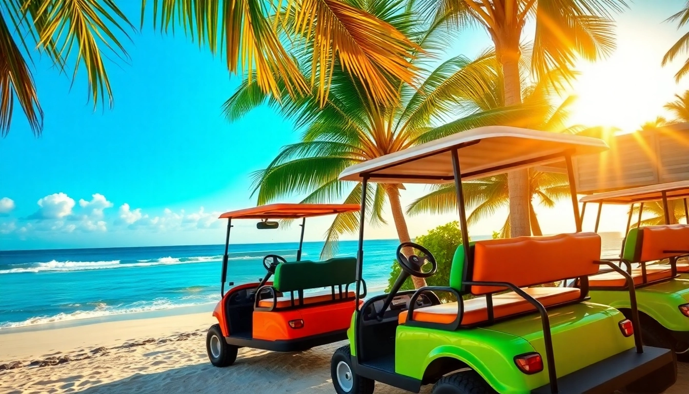 Rent a golf cart in San Pedro Belize, parked along the beach with palm trees and sunset.