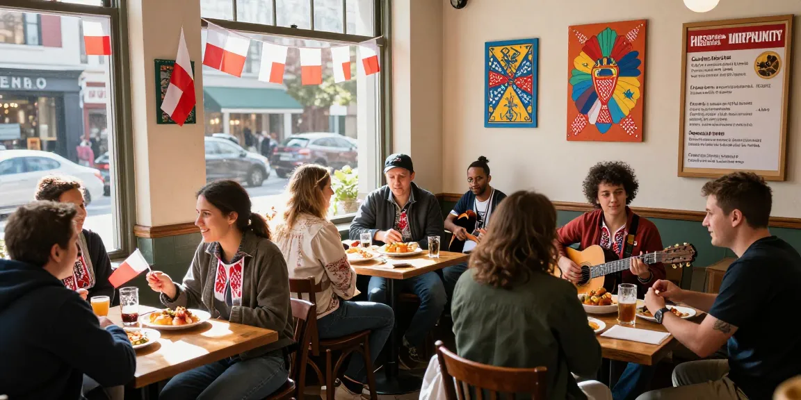 Engaged Polish community members discussing events at https://www.sfpol.com/ in a cozy San Francisco cafe.