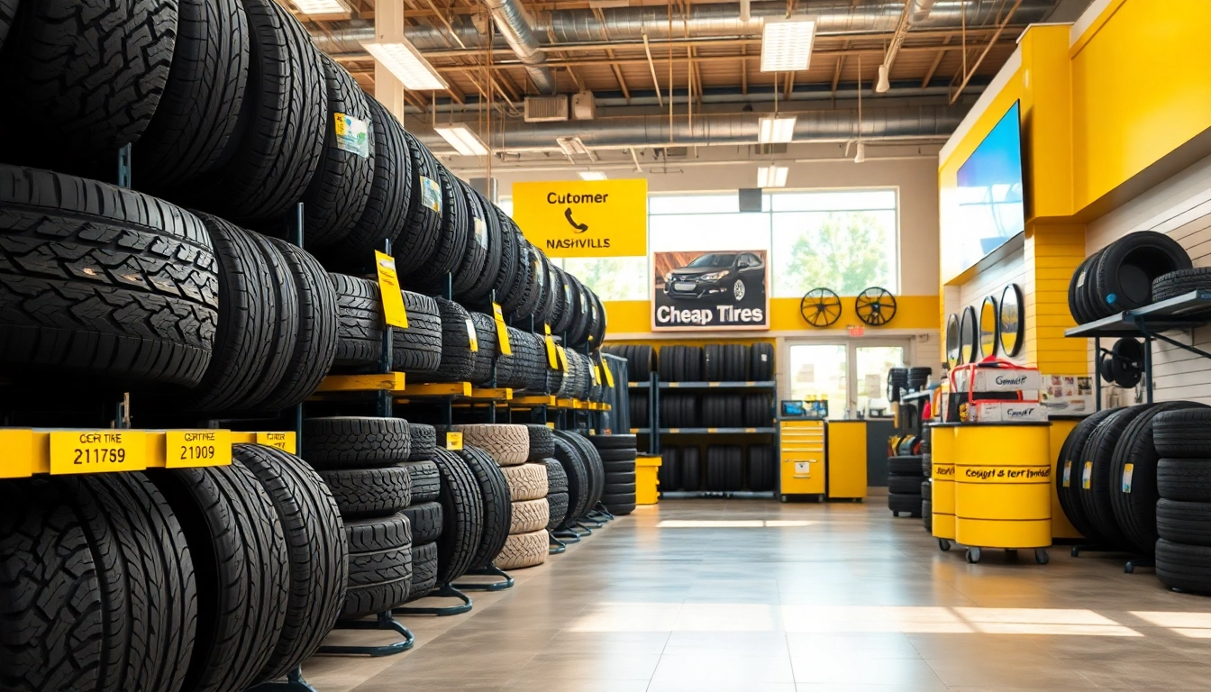 Choose cheap tires Nashville TN from a vibrant tire shop environment with organized racks and friendly lighting.