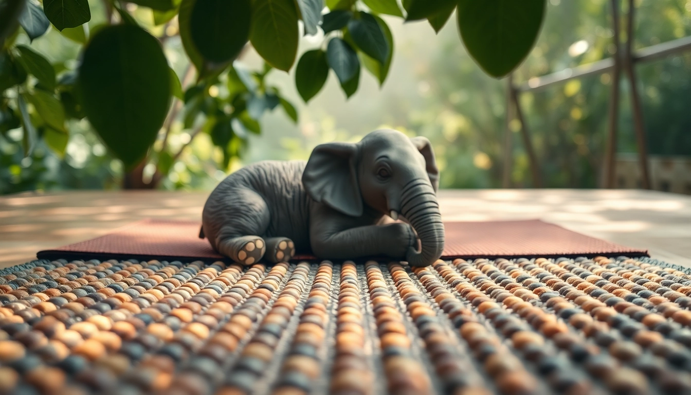 Eine entspannte Calm Elephant auf einer Akupressurmatte, die Wärme und Ruhe ausstrahlt.