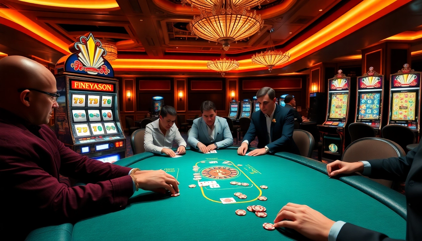 Engaged players strategizing at a poker table near an illuminated pragmatic slot machine.