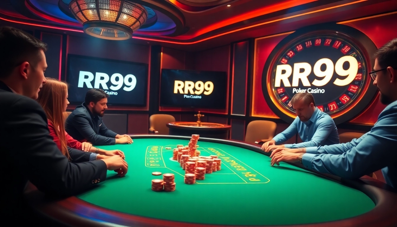 Engaged players at a high-stakes poker table and RR99 logo in a luxurious casino setting.