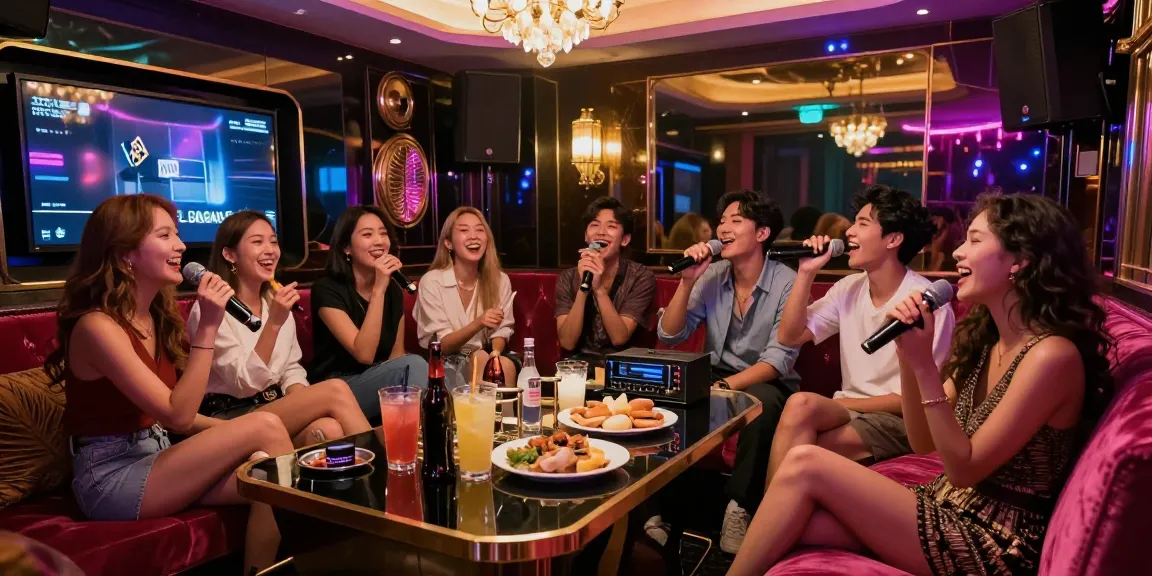 강남가라오케에서 친구들과 즐거운 시간을 보내는 모습, gangnamtune.com/의 고급스러운 프라이빗 룸 분위기.