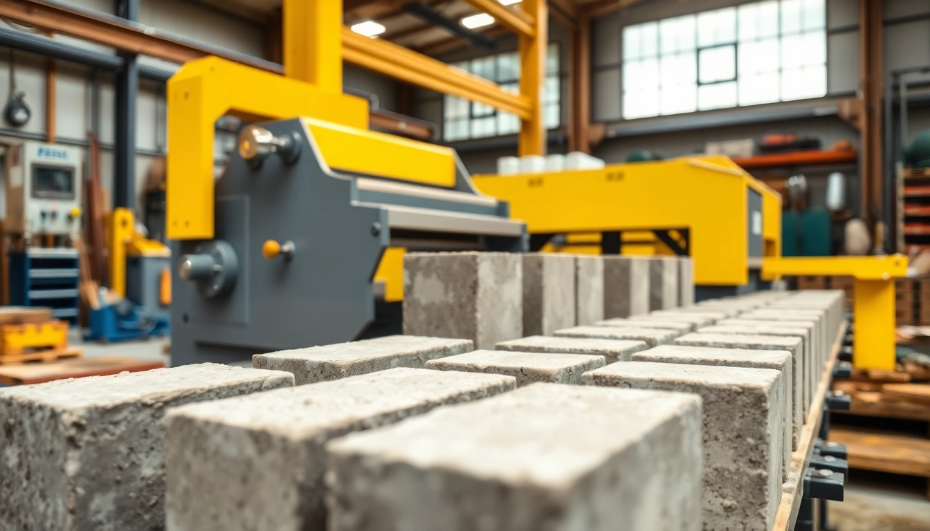 Operating Block Machine producing high-quality concrete blocks in a well-lit industrial workshop.