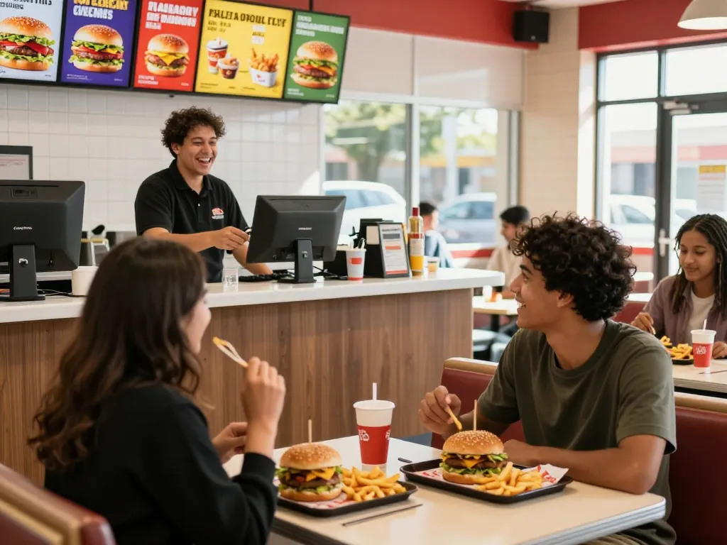 Fast food prices displayed on colorful menu in a cheerful restaurant atmosphere.