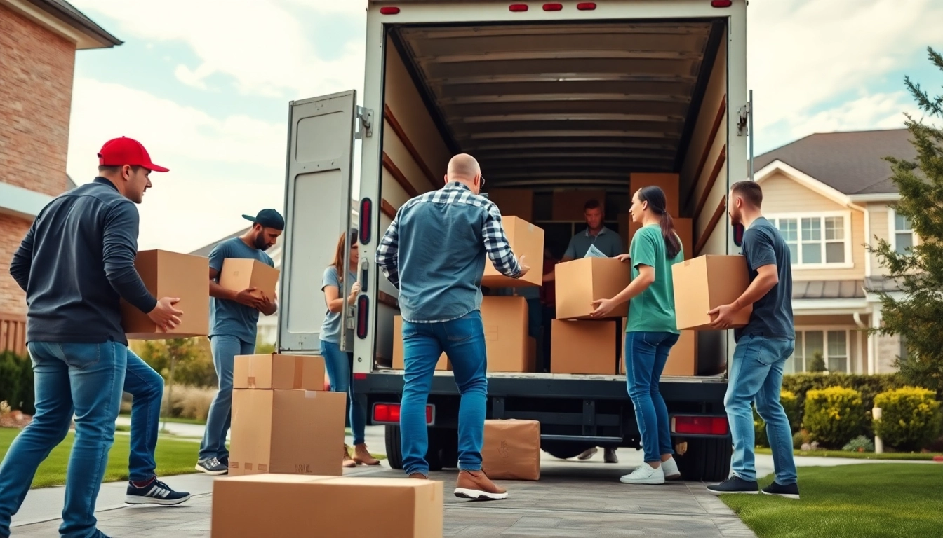Movers and packers efficiently loading a truck during a residential move, showcasing teamwork.