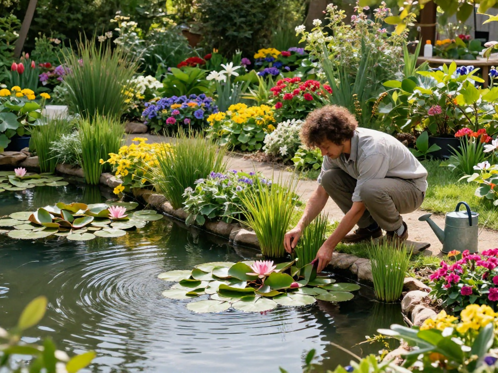 Pond Plants beautifully arranged in a serene garden scene with a gardener planting vibrant water lilies.