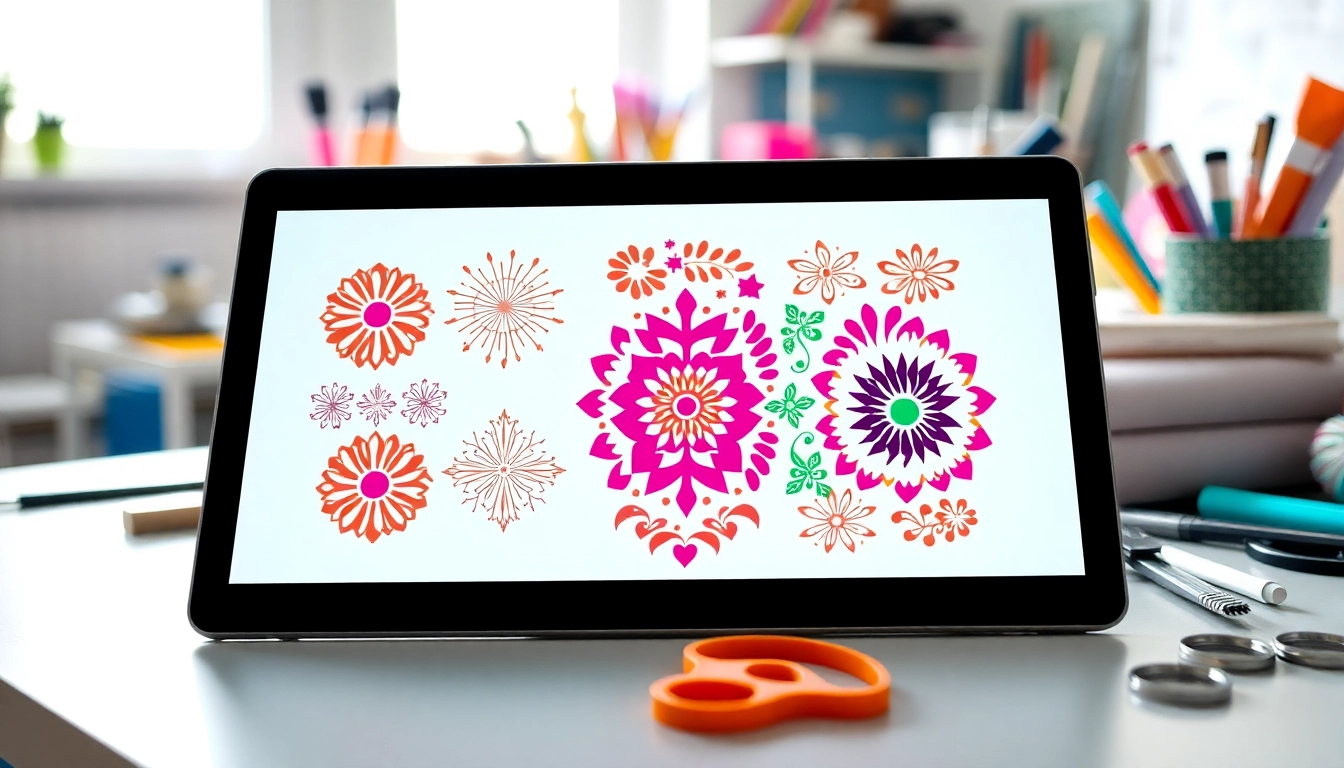 Showcasing beautiful free svg designs on a digital tablet among vibrant crafting materials.
