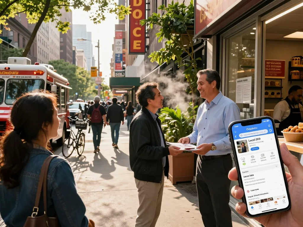 Local SEO NYC scene with a business owner engaging customers outside a vibrant storefront in NYC.