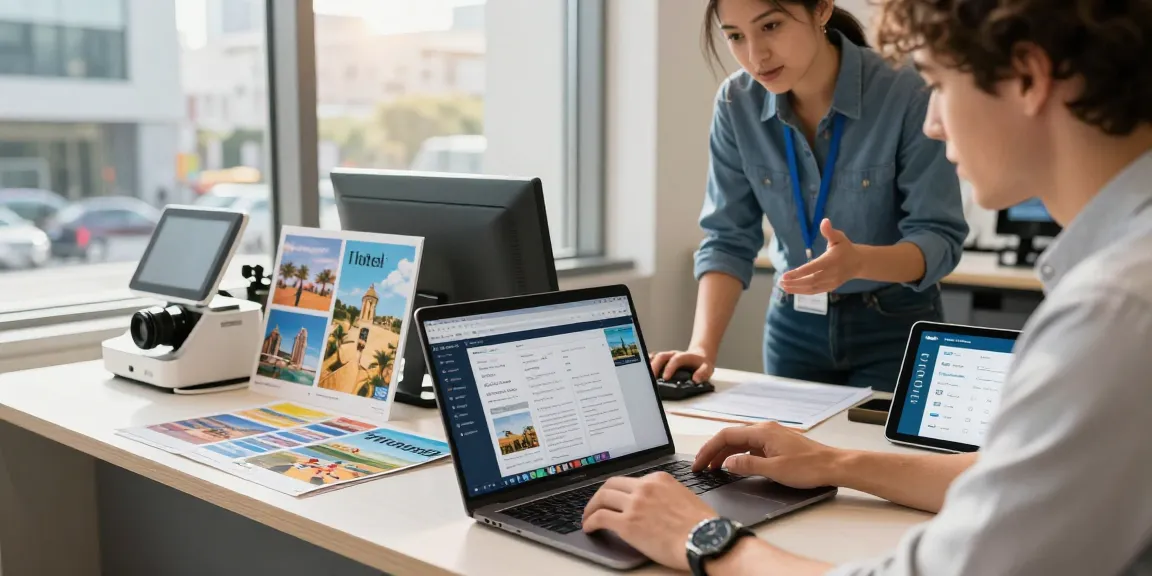 Engaging travel agency scene showcasing a travel advisor using modern travel crm software to assist clients with itineraries and secure payments.