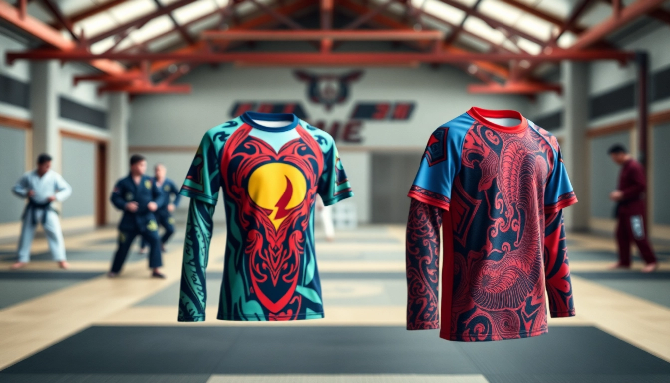 Shop similar variations of BJJ rash guards showcasing unique designs in a martial arts setting.