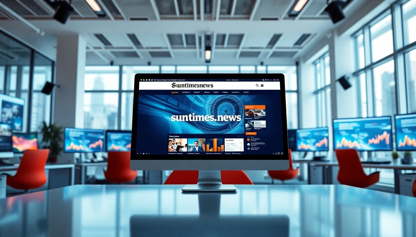 View of an engaging media workspace highlighting suntimesnews.com on computer displays