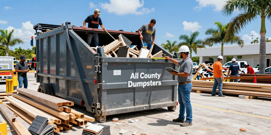 Efficient dumpster rental in Miami FL with team loading debris at a construction site for hassle-free waste management.