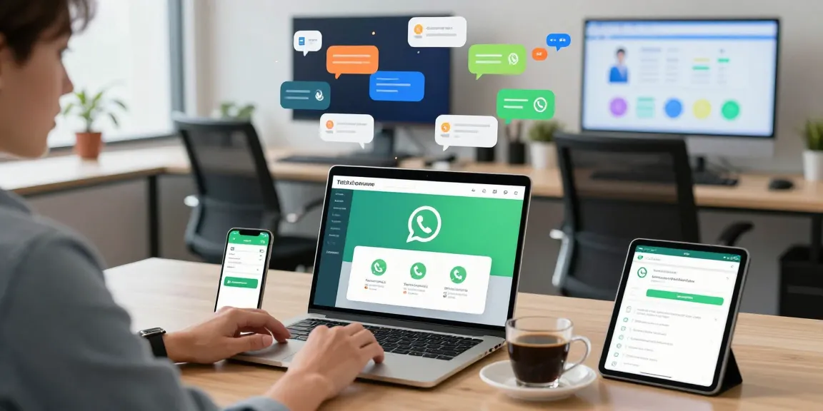 Downloading WhatsApp下載 on multiple devices in a modern tech workspace.
