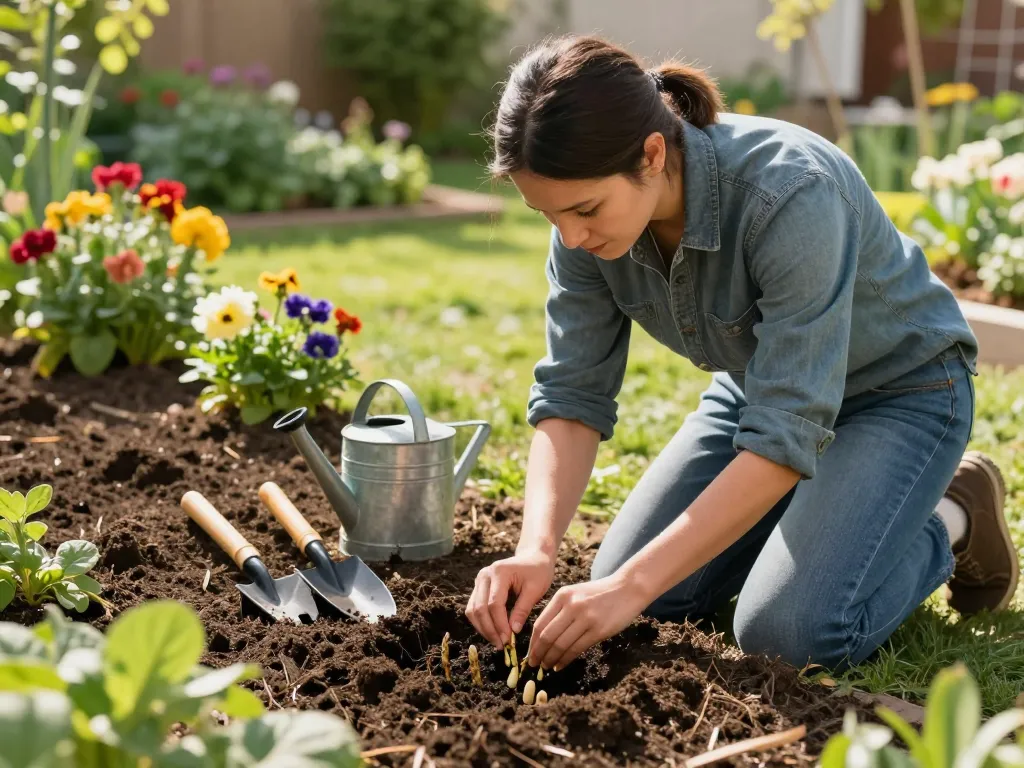 Asperges kweken in home garden with gardener planting seeds and gardening tools.