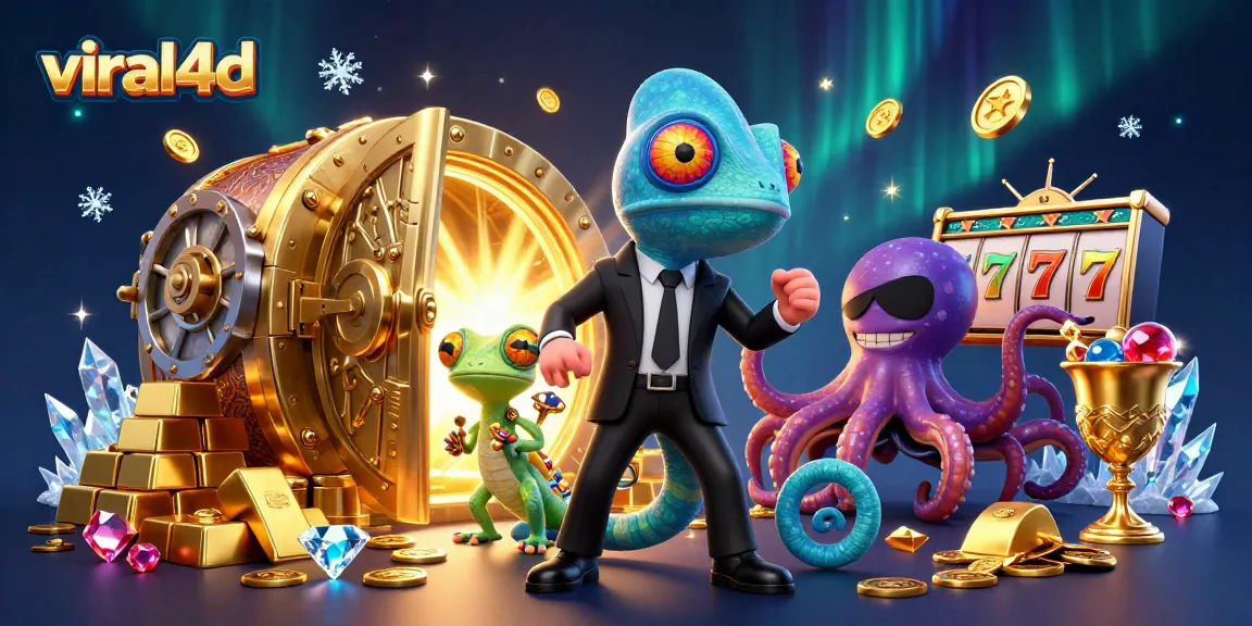 Spin to win with viral4d's vibrant casino illustration featuring lucky slots and treasures.