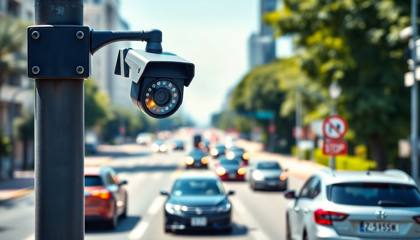 Showcasing a license plate recognition camera installed in an urban area to enhance vehicle monitoring.