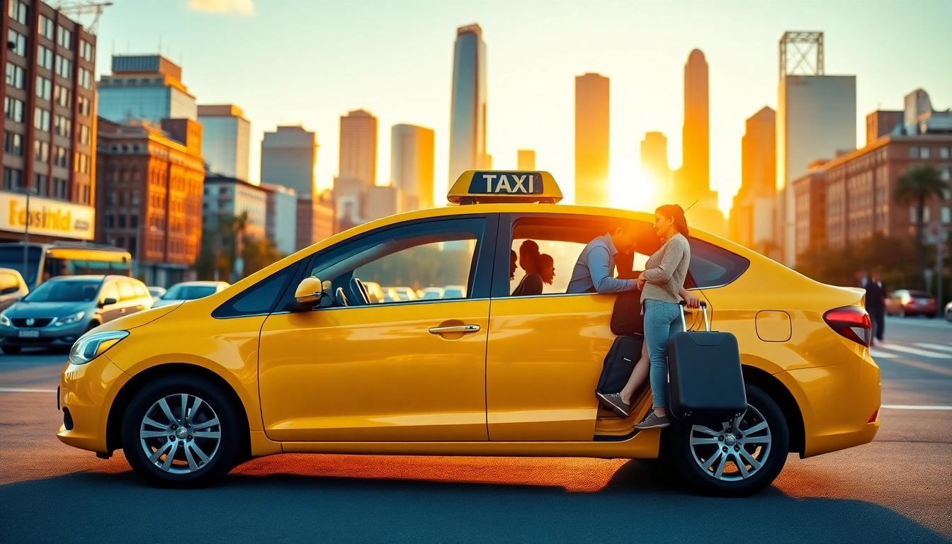 Experience LONG DISTANCE TAXI TRANSFERS with a modern taxi amid a vibrant city backdrop.