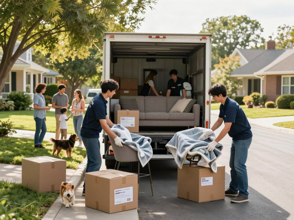 Dedicated moving company team carefully packing belongings for a smooth relocation in a sunny neighborhood