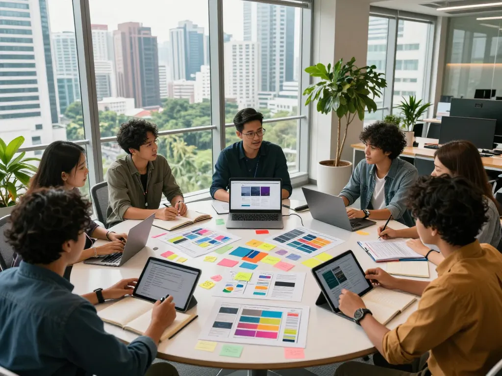 Dynamic teamwork showcasing seo services malaysia in a modern Kuala Lumpur office, with designers collaborating over creative website strategies.