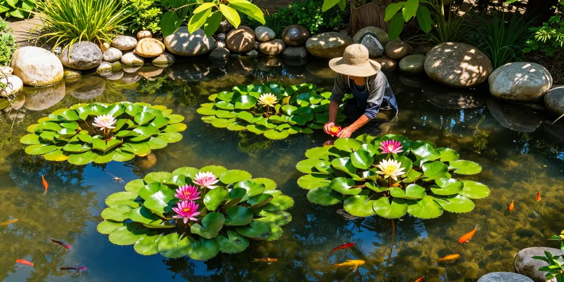 Pond Plants thriving in a tranquil garden setting with vibrant water lilies and ornamental fish.