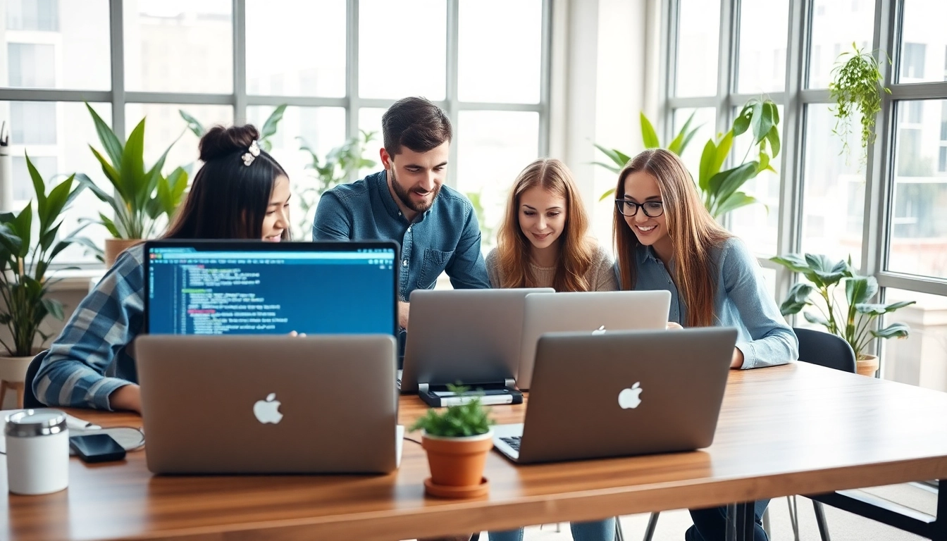 Engaged team at a web development company demonstrating innovation and collaboration in a modern office.