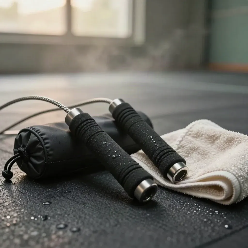 Speed rope set on a wet training deck with towel, pouch, and dramatic misted light.