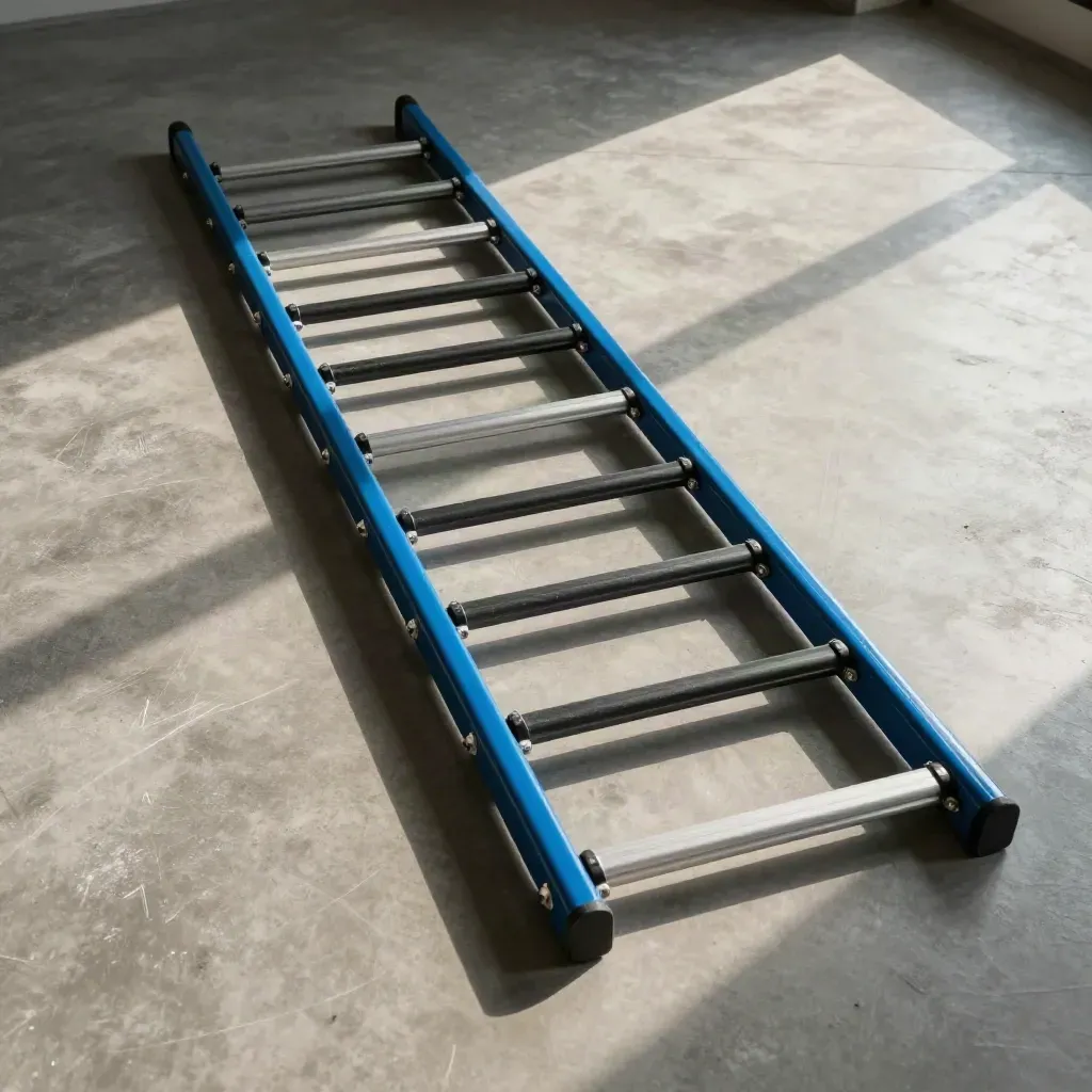 Overhead speed ladder with blue rails on concrete, crossed by cone shadows and chalk dust.