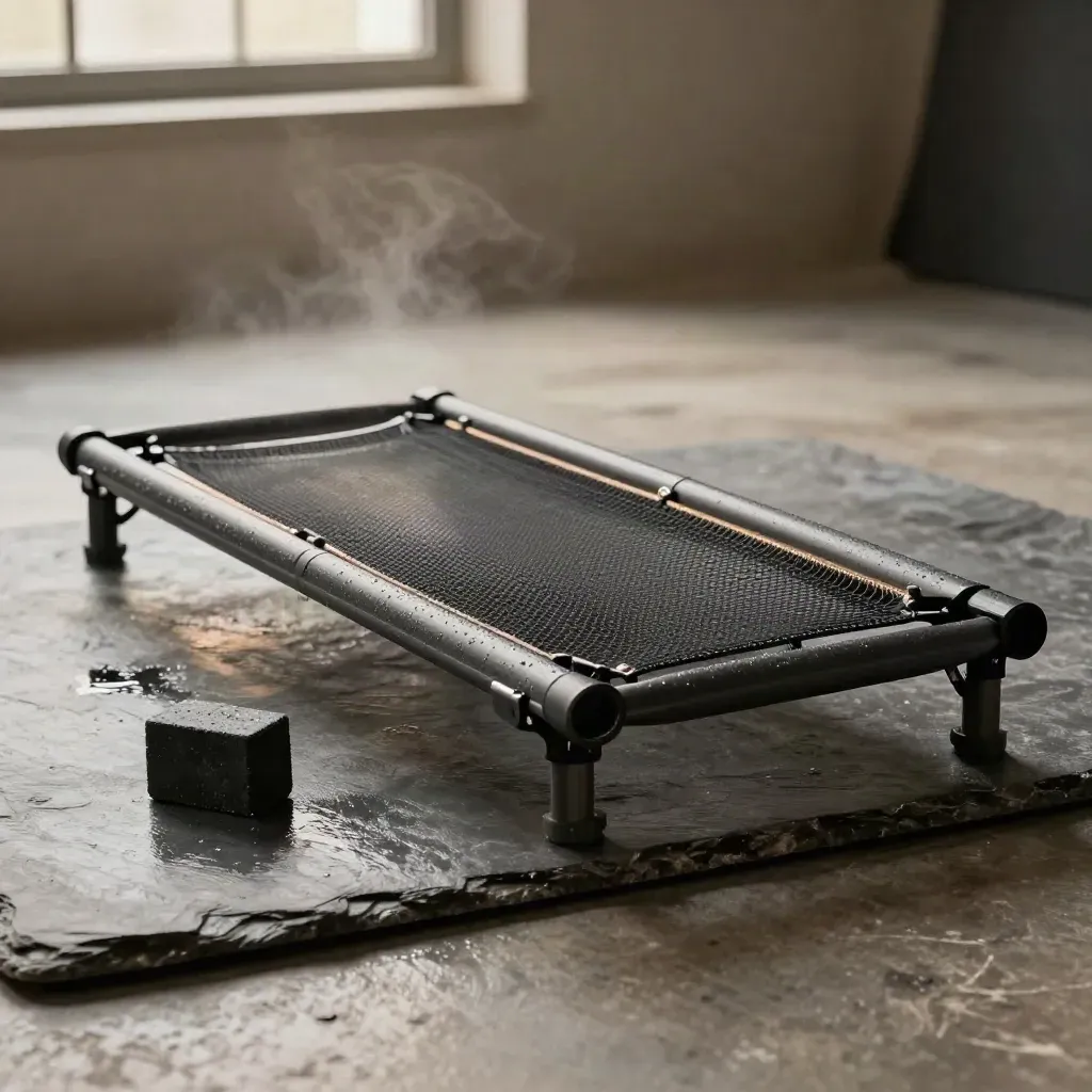 Fold-flat rebounder half-open on wet slate with chalk block, mist, and dramatic rim light.
