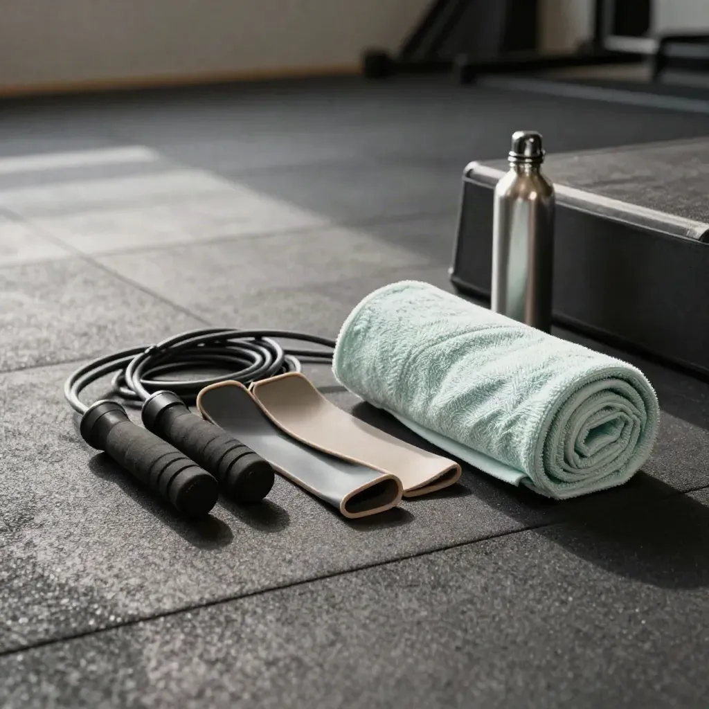 Jump rope, resistance bands and mint cooling towel on a gym floor