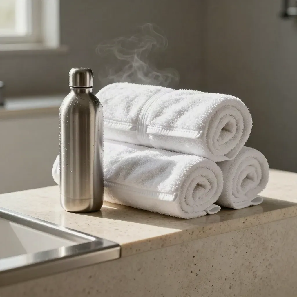 Cooling towels and a steel bottle on pale travertine, with cool vapor and condensation.