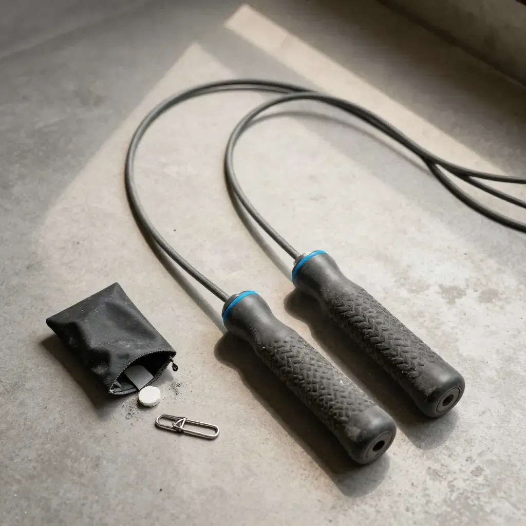 Overhead flatlay of a weighted jump rope with chalk pouch, spare clip and chalk dust on concrete.