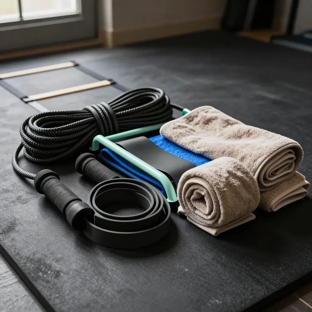 Jump rope, ladder, bands and towels stacked in a dramatic dark studio kit shot.
