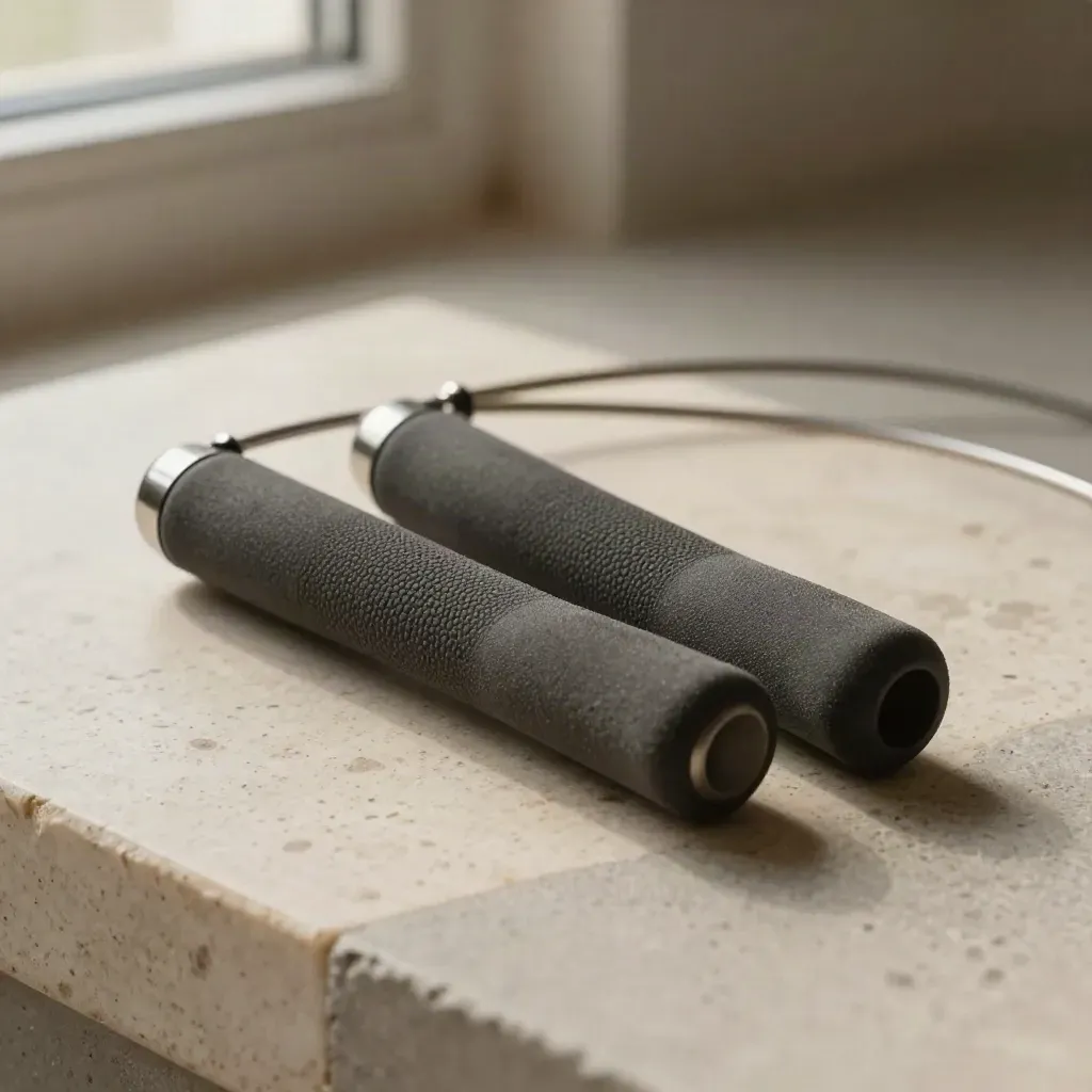 Macro rope cable and knurled grip arcing over pale stone in dramatic side light.