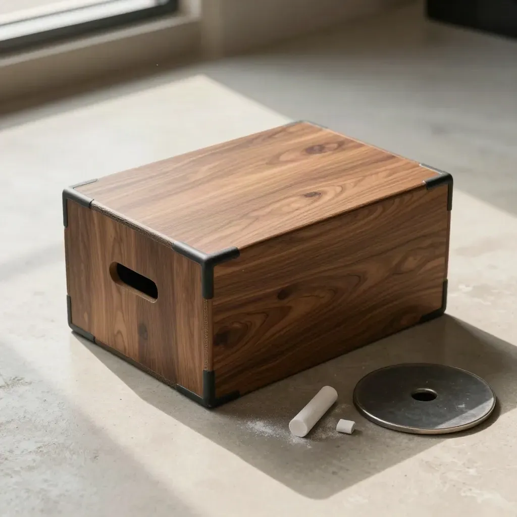 Overhead plyo box flatlay with chalk mark, small plate, and concrete slab