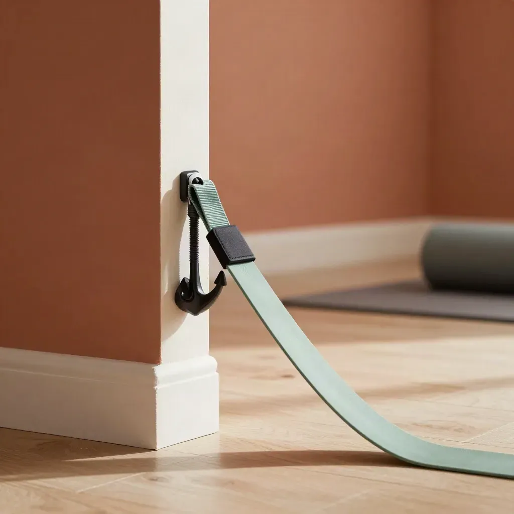 Band door anchor threaded through a doorway beside a taut mint resistance band.