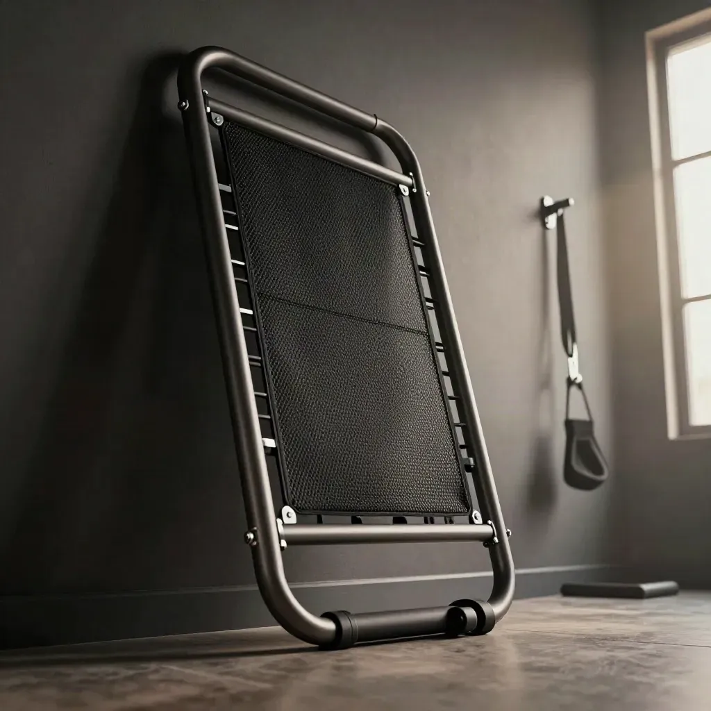 Wall-mount rebounder partly open on a dark studio wall with cool rim light and haze