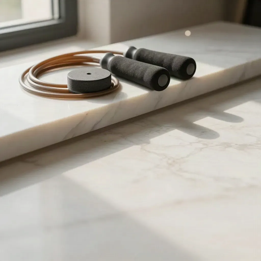 Jump ropes, foam handle and chalk puck on pale marble with open copy space