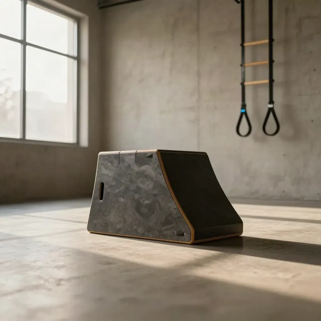 Sunlit concrete gym with plyo box, ladder edge, and hanging band loops in hazy wide interior.
