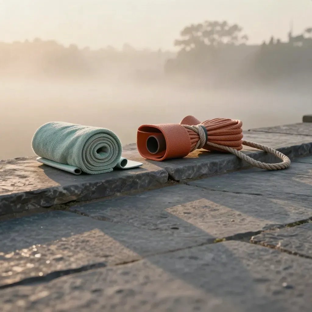 Recovery towel, resistance band, and rope coil on a misty stone terrace at dawn