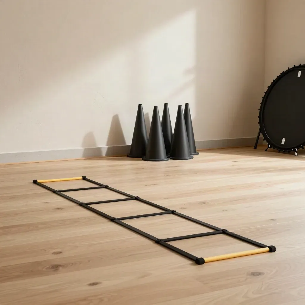 Agility ladder, cones, and rebounder edge in a sunlit neutral training nook with copy space.