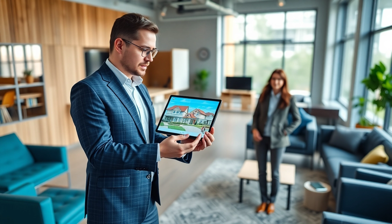 Real Estate agent assisting clients with property choices in a modern office setting.
