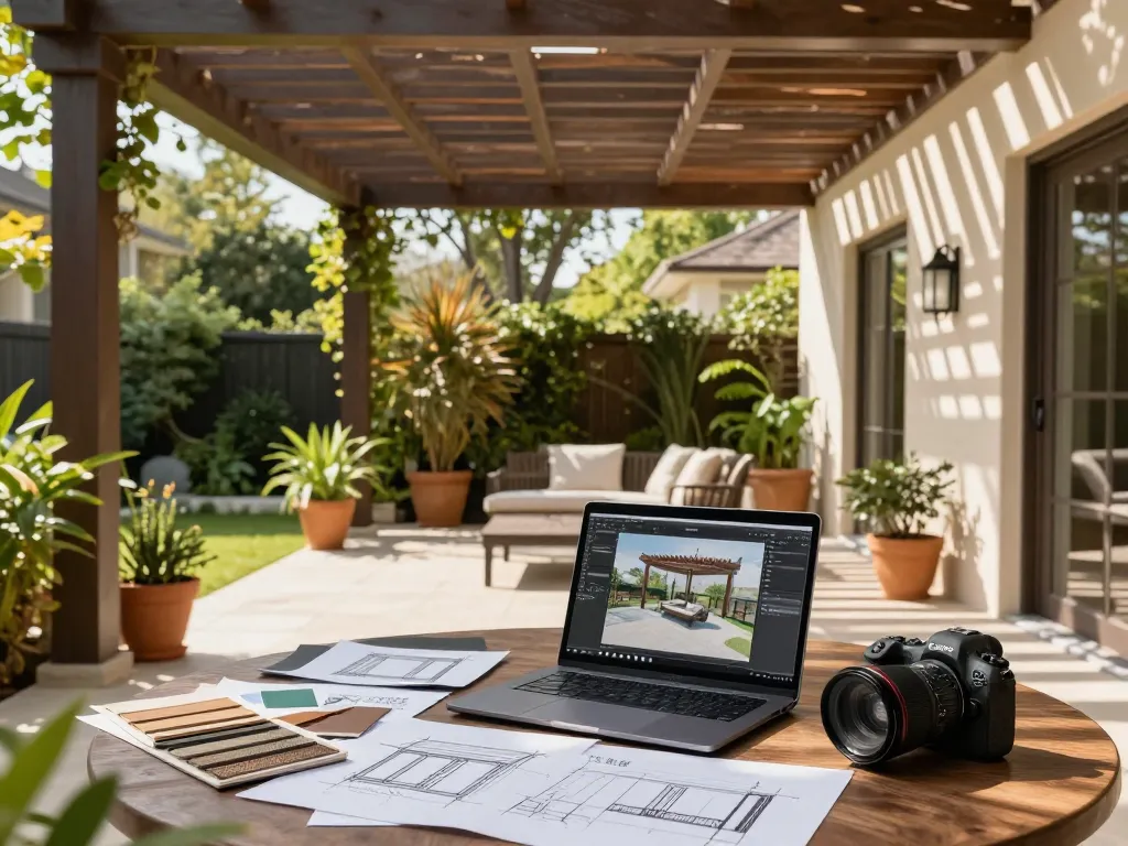 Designer using software configuratore pergole to visualize unique pergola designs outdoors.