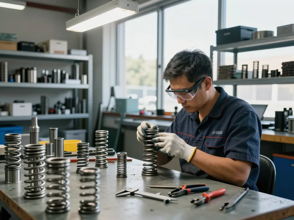 Tehnician creând Arcuri conice într-un atelier industrial care prezintă inginerie precisă.