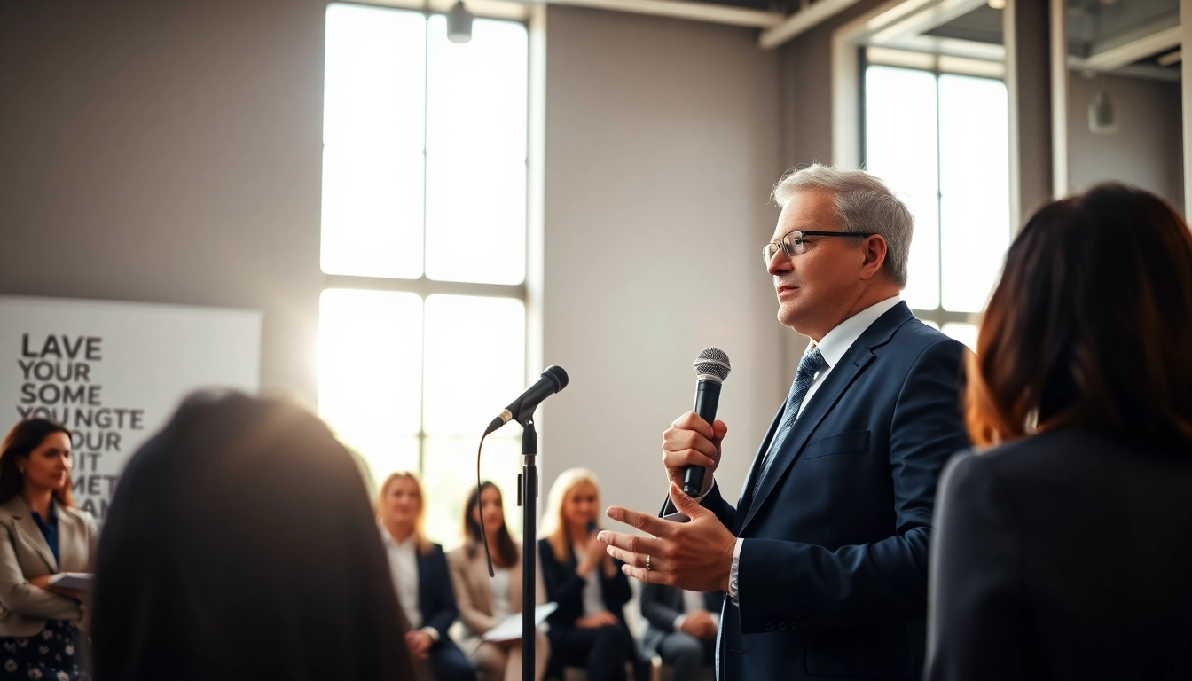 Public Speaking Coach engaging confidently with an audience in a professional studio.
