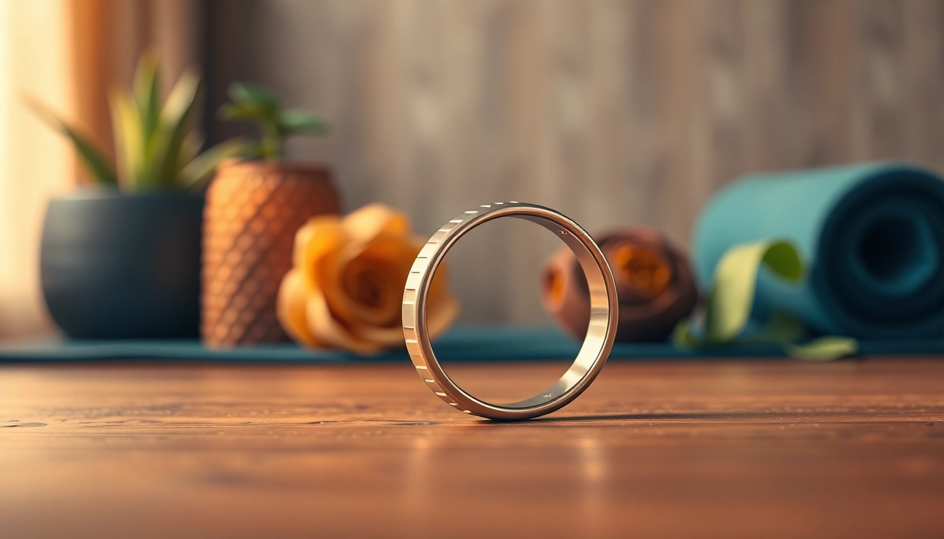 Examine the sleek design of Health Ring displayed on a table, blending technology and wellness.
