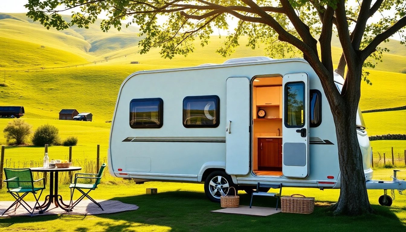 Hugh Daly Caravans parked in a scenic countryside, inviting family adventures.