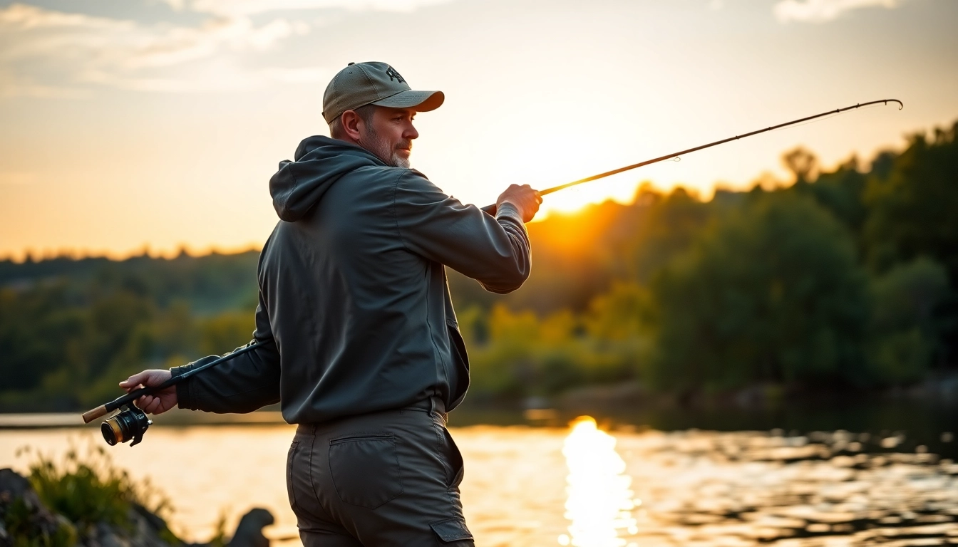 Fisherman demonstrating the best fly fishing reels by a tranquil river, showcasing expert technique.