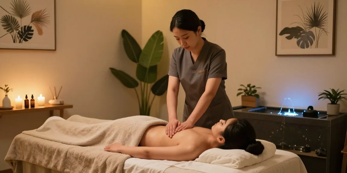 1인샵 마사지 룸에서 스웨디시 마사지 받는 모습, 아로마 오일과 편안한 분위기 강조