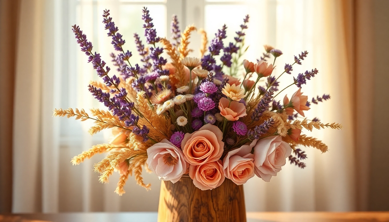 Beautiful arrangement of dried flowers featuring lavender and roses in a rustic vase.